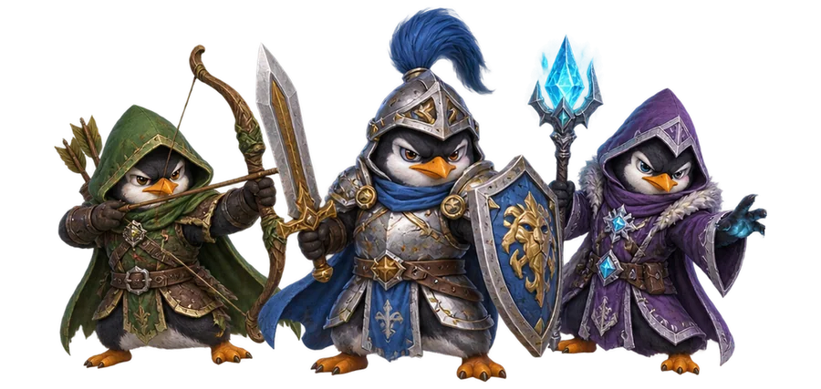 Three penguin heroes: an archer, a knight with sword and shield, and a mage